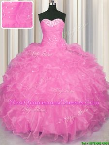 Beauteous Rose Pink Ball Gowns Sweetheart Sleeveless Organza Floor Length Lace Up Beading and Ruffles Quinceanera Gown