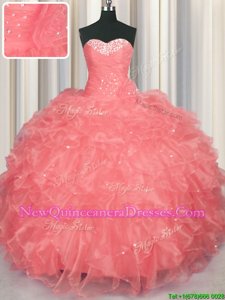 Cute Watermelon Red Sweetheart Lace Up Beading and Ruffles Sweet 16 Quinceanera Dress Sleeveless