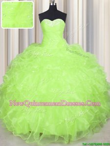 Beading and Ruffles Sweet 16 Dress Yellow Green Lace Up Sleeveless Floor Length