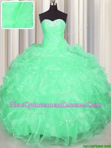 Pretty Apple Green Ball Gowns Organza Sweetheart Sleeveless Beading and Ruffles Floor Length Lace Up Sweet 16 Quinceanera Dress