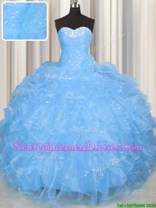 Unique Organza Sweetheart Sleeveless Lace Up Beading and Ruffles Sweet 16 Dresses inBaby Blue