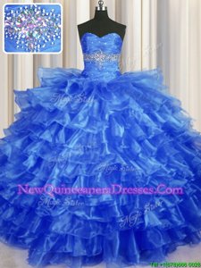 Royal Blue Sleeveless Floor Length Beading and Ruffled Layers Lace Up 15th Birthday Dress