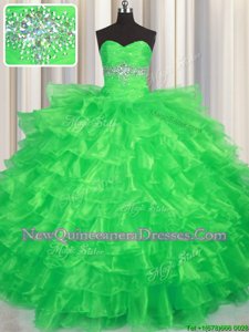 Captivating Green Sleeveless Beading and Ruffled Layers Floor Length Quinceanera Gowns