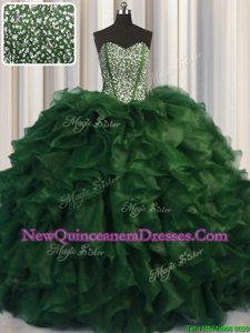 Top Selling Visible Boning Bling-bling Green Sweetheart Lace Up Beading 15th Birthday Dress Brush Train Sleeveless