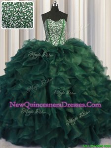 Cute Bling-bling Sleeveless Brush Train Beading and Ruffles Lace Up Quince Ball Gowns