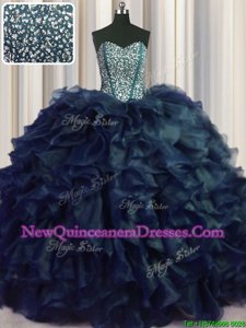 Hot Sale Visible Boning Bling-bling With Train Ball Gowns Sleeveless Navy Blue Sweet 16 Quinceanera Dress Brush Train Lace Up