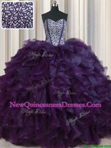 Chic Visible Boning Bling-bling Eggplant Purple Ball Gowns Organza Sweetheart Sleeveless Beading and Ruffles With Train Lace Up Quinceanera Gown Brush Train