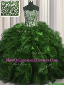 Custom Fit Visible Boning Olive Green 15 Quinceanera Dress Military Ball and Sweet 16 and Quinceanera and For withBeading and Ruffles Sweetheart Sleeveless Brush Train Lace Up