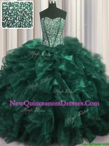 Elegant Visible Boning Bling-bling Turquoise Organza Lace Up Sweetheart Sleeveless With Train Quinceanera Dress Brush Train Beading and Ruffles