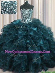 Custom Design Visible Boning Bling-bling Brush Train Ball Gowns Quinceanera Dresses Teal Sweetheart Organza Sleeveless With Train Lace Up