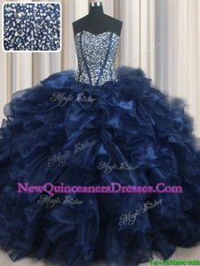 Delicate Visible Boning Bling-bling Navy Blue Ball Gowns Sweetheart Sleeveless Organza With Brush Train Lace Up Beading and Ruffles Quinceanera Dresses