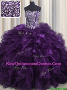 Charming Bling-bling Purple Sleeveless Organza Brush Train Lace Up Sweet 16 Quinceanera Dress for Military Ball and Sweet 16 and Quinceanera