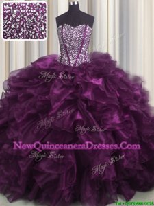 Custom Designed Visible Boning Sleeveless Brush Train Beading and Ruffles Lace Up 15 Quinceanera Dress