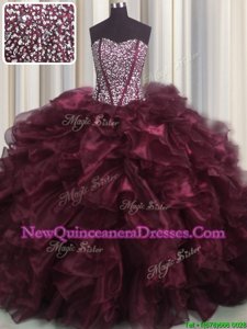 Visible Boning Bling-bling Burgundy Sleeveless Brush Train Beading and Ruffles With Train Quinceanera Dresses