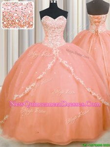 Artistic Sweetheart Sleeveless Quinceanera Gown With Brush Train Beading and Appliques Orange Organza