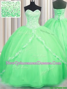 Cute Sweetheart Sleeveless Quinceanera Gown With Brush Train Beading and Appliques Spring Green Organza