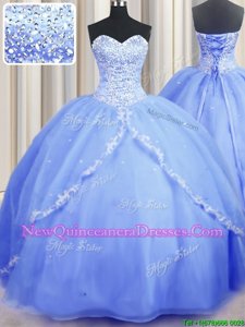 On Sale Sleeveless With Train Beading and Appliques Lace Up Ball Gown Prom Dress with Baby Blue Brush Train