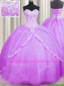 Pretty Lilac Lace Up Sweetheart Beading and Appliques Sweet 16 Quinceanera Dress Organza Sleeveless Brush Train