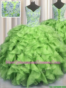 Delicate V Neck Beading and Ruffles Ball Gown Prom Dress Spring Green Lace Up Sleeveless Floor Length