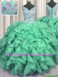 Cheap V Neck V-neck Sleeveless Quinceanera Dresses Floor Length Beading and Ruffles Turquoise Organza