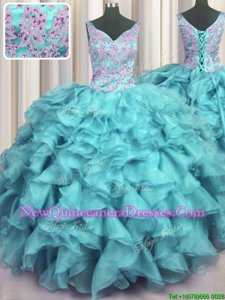 Edgy Ruffled V Neck Aqua Blue Organza Lace Up V-neck Sleeveless Floor Length Vestidos de Quinceanera Appliques and Ruffles