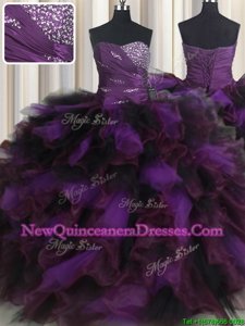 Flirting Ruffled Sweetheart Sleeveless Lace Up 15 Quinceanera Dress Purple Organza and Tulle