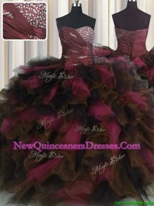 Amazing Ruffles Wine Red Sleeveless Organza and Tulle Lace Up Ball Gown Prom Dress for Military Ball and Sweet 16 and Quinceanera