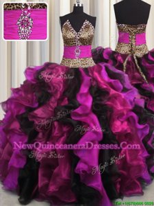 Eye-catching Leopard V Neck Organza V-neck Sleeveless Lace Up Beading and Ruffles Quinceanera Dresses inMulti-color