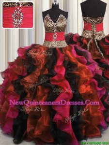 Simple Leopard V Neck Sleeveless Floor Length Beading and Ruffles Lace Up Quince Ball Gowns with Multi-color