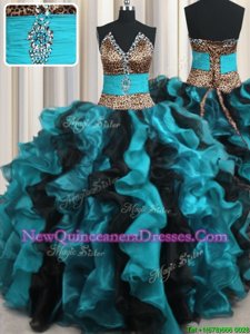 Chic Leopard Two Tone V Neck Multi-color Lace Up V-neck Beading and Ruffles Quinceanera Dress Organza Sleeveless