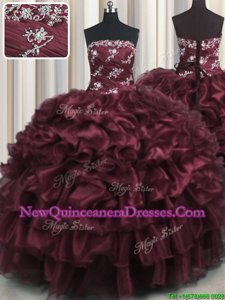 Custom Design Appliques and Ruffles and Ruffled Layers Quinceanera Gowns Wine Red Lace Up Sleeveless Floor Length