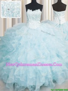 Inexpensive Scalloped Baby Blue Sleeveless Ruffles Floor Length Sweet 16 Dress