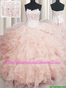 Excellent Visible Boning Floor Length Peach Quinceanera Dresses Scalloped Sleeveless Lace Up