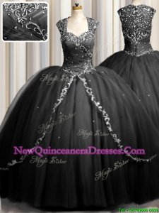 Modest Zipple Up Sweetheart Cap Sleeves Brush Train Zipper Quince Ball Gowns Black Tulle