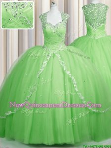 Pretty See Through Spring Green Cap Sleeves Tulle Brush Train Zipper 15 Quinceanera Dress for Military Ball and Sweet 16 and Quinceanera