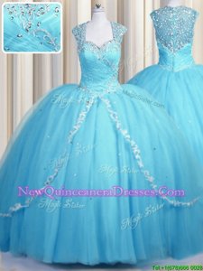 Elegant See Through Sweetheart Cap Sleeves Tulle Quinceanera Dresses Beading and Appliques Brush Train Zipper