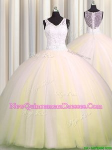 Delicate Zipple Up V Neck Light Yellow Zipper V-neck Beading and Appliques Sweet 16 Dress Tulle Sleeveless Brush Train