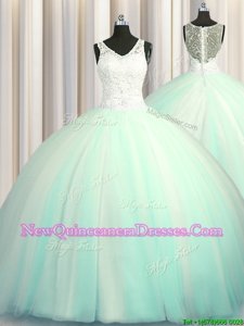 Fashion Big Puffy Zipper Up Apple Green V-neck Zipper Beading and Appliques Ball Gown Prom Dress Brush Train Sleeveless