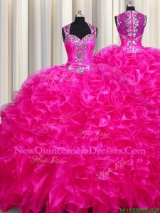 Inexpensive Zipper Up See Through Back Fuchsia Sweet 16 Dress Military Ball and Sweet 16 and Quinceanera and For withBeading and Ruffles Straps Sleeveless Sweep Train Zipper