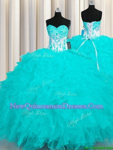 Artistic Floor Length Aqua Blue Vestidos de Quinceanera Sweetheart Sleeveless Lace Up