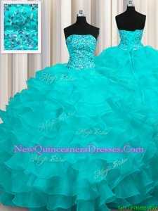 Exceptional Aqua Blue Lace Up Strapless Beading and Ruffles Sweet 16 Dresses Organza Sleeveless Sweep Train