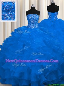 Dynamic Royal Blue Ball Gowns Strapless Sleeveless Organza Sweep Train Lace Up Beading and Ruffles Sweet 16 Dresses