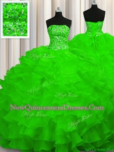 Stylish Spring Green Vestidos de Quinceanera Strapless Sleeveless Sweep Train Lace Up