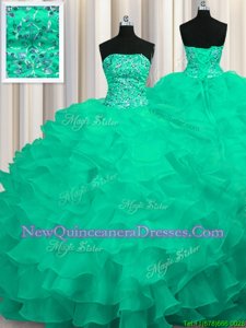 Modern Turquoise Organza Lace Up Strapless Sleeveless Sweet 16 Dresses Sweep Train Beading and Ruffles