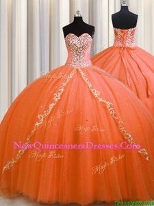 Sweetheart Sleeveless Tulle Quinceanera Dresses Beading Brush Train Lace Up