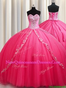 Customized Hot Pink Quinceanera Gowns Military Ball and Sweet 16 and Quinceanera and For withBeading Sweetheart Sleeveless Brush Train Lace Up