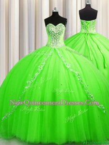 High Class Sweetheart Sleeveless Brush Train Lace Up Quince Ball Gowns Spring Green Tulle