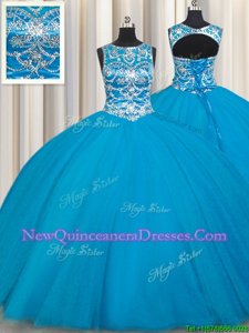 Enchanting Aqua Blue Lace Up Scoop Beading Ball Gown Prom Dress Tulle Sleeveless