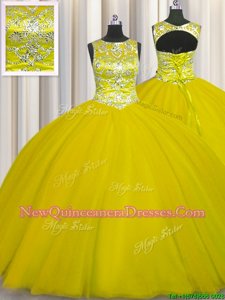 Dazzling Scoop Spring and Summer and Fall and Winter Tulle Sleeveless Floor Length 15th Birthday Dress andBeading