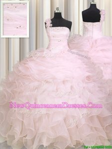 Modest Baby Pink Vestidos de Quinceanera Military Ball and Sweet 16 and Quinceanera and For withBeading and Ruffles One Shoulder Sleeveless Zipper